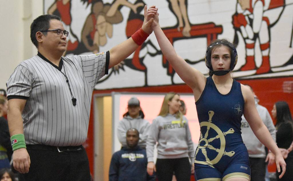 Photo by Jeff Helminiak/Peninsula Clarion
Homers Saoirse Cook won the title at girls 126 pounds at the Kachemak Conference wrestling tournament at Kenai Central High School in Kenai, Alaska, on Saturday, Dec. 9, 2023.