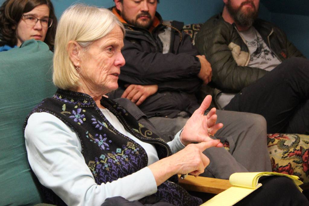 Penny Vadla speaks during a community meeting about retrofitting homes to be more energy efficient at the Cook Inletkeeper Community Action Studio on Tuesday, Dec. 5, 2023, in Soldotna, Alaska. (Ashlyn OHara/Peninsula Clarion)