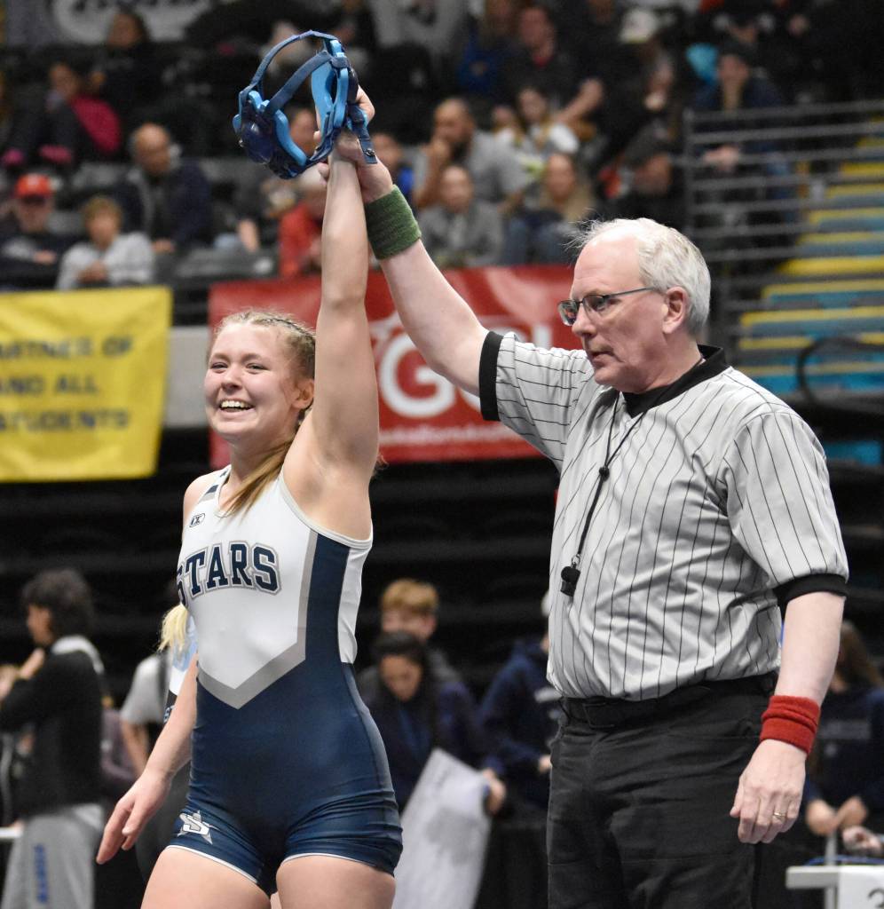 Soldotnas Daisy Hannevold wins the girls state title at 138 pounds Saturday, Dec. 16, 2023, at the state wrestling tournament at the Alaska Airlines Center in Anchorage, Alaska. (Photo by Jeff Helminiak/Peninsula Clarion)