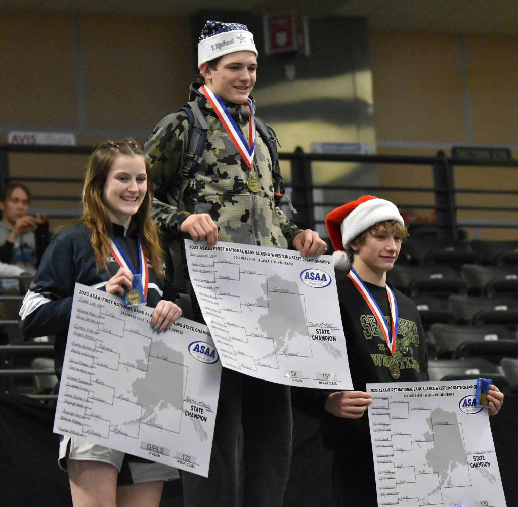 The Kenai Peninsula swept the Most Outstanding Wrestlers with Soldotnas Kaytlin McAnelly winning for girls, Soldotnas Trevor Michael winning for Division I and Sewards Hunter Forshee-Kurtz winning for Division II on Saturday, Dec. 16, 2023, at the state wrestling tournament at the Alaska Airlines Center in Anchorage, Alaska. (Photo by Jeff Helminiak/Peninsula Clarion)