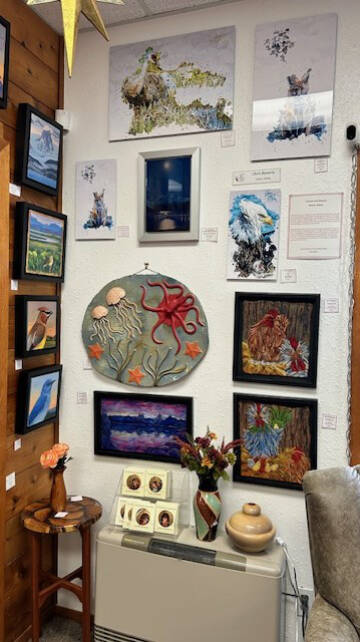 Art in a variety of media, such as these works photographed in December 2023, is available year-round at the Art Shop Gallery in Homer, Alaska. Photo provided by the Art Shop Gallery