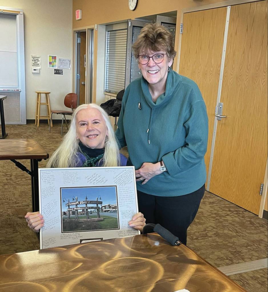 Christine Thorsrud (left) and Caroline Venuti celebrate their retirement from Kachemak Bay Campus on May 4<ins>,</ins><ins> 2023, in Homer, </ins><ins>Alaska</ins>. (Emilie Springer/ Homer News)