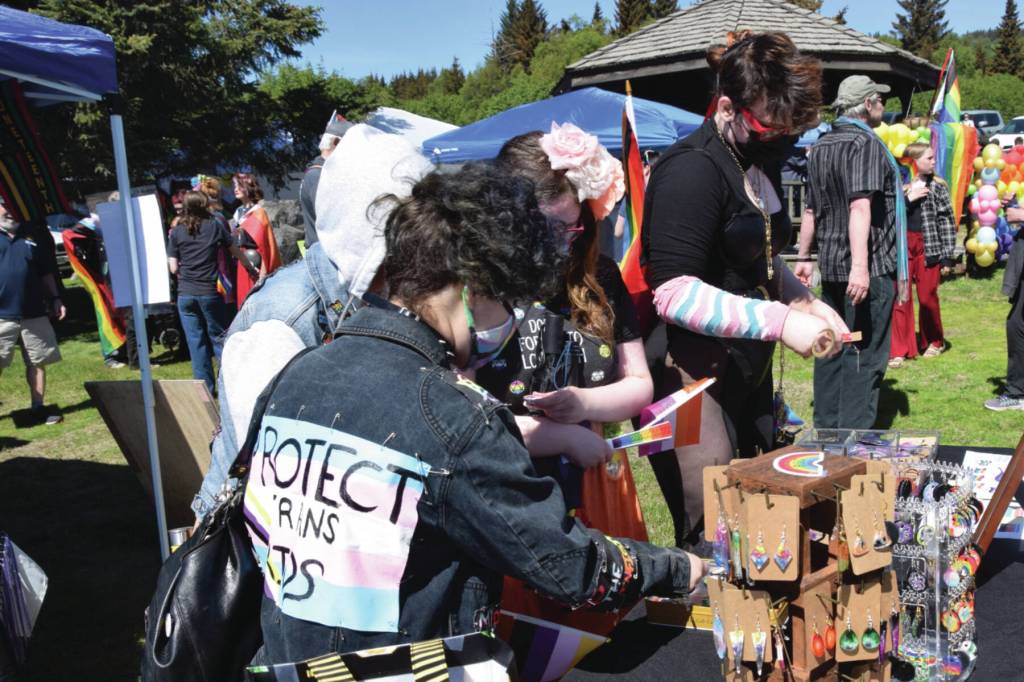 Delcenia Cosman/Homer News
Attendees of the Homer Pride and Juneteenth Liberation Celebration browse for handcrafted merch by Kachemak Bay Crafters at WKFL Park on Saturday, June 17.<ins>, 2023 in Homer, Alaska</ins>