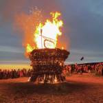 Homers 20th Burning Basket, Create, is engulfed in flames at Mariner Park Beach on Sunday, Sept. 10,<ins> 2023</ins> at sundown<ins> in Homer, </ins><ins>Alaska</ins>. (Emilie Springer/Homer News)