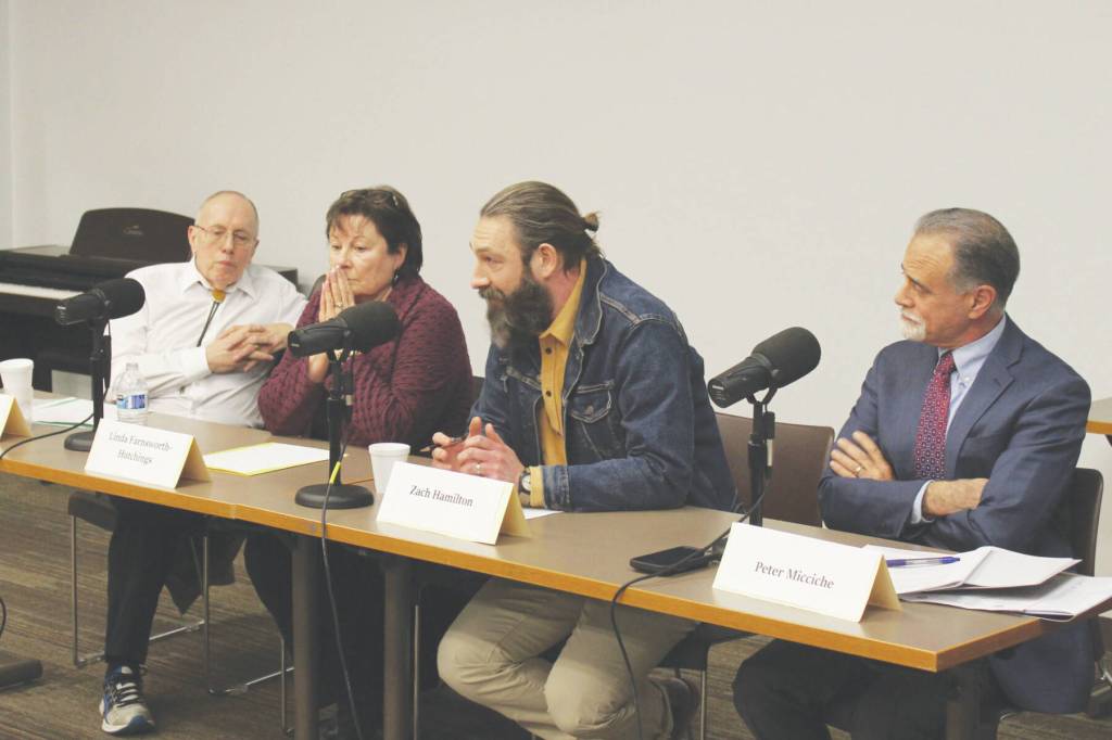 Ashlyn OHara/Peninsula Clarion
From left: Dave Carey, Linda Farnsworth-Hutchings, Zach Hamilton and Peter Micciche participate in a Kenai Peninsula Borough mayoral candidate forum on Tuesday, Jan. 24<ins>, 2023</ins> in Soldotna<ins>,</ins> <ins>Alaska</ins> .