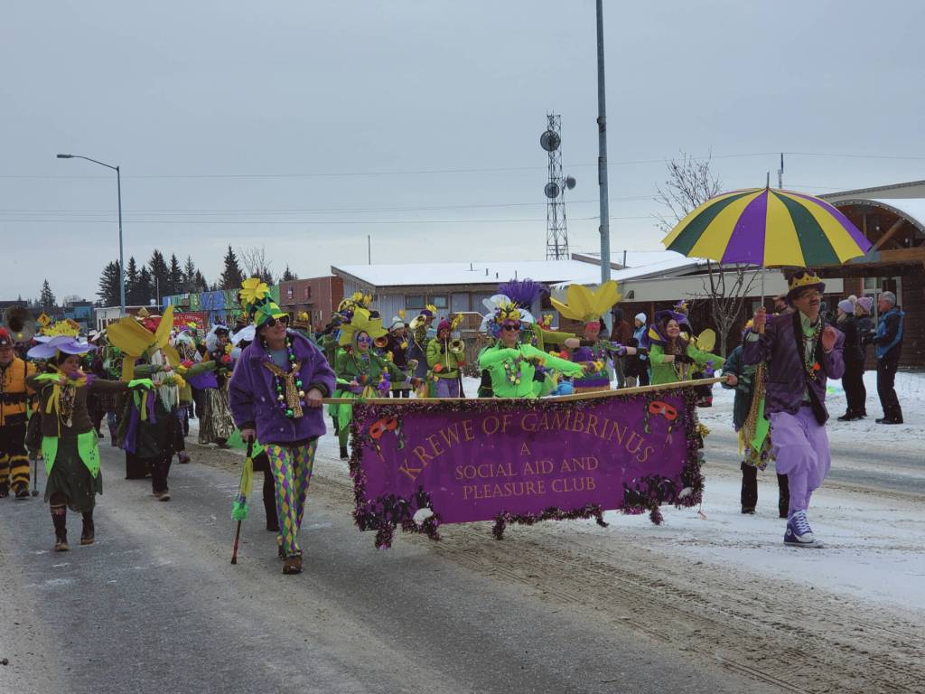 The Krewe of Gambrinus dances down Pioneer Avenue in the 69th Annual Winter Carnival Parade on Saturday, Feb. 11<ins>,</ins><ins> 2023 in Homer, </ins><ins>Alaska</ins>. Photo by Delcenia Cosman