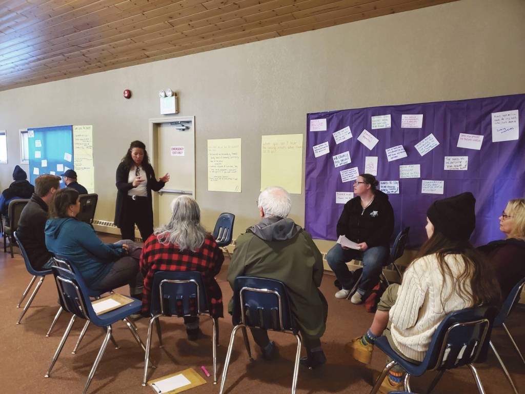 A small group discusses common themes in the ongoing housing crisis during the community conversation on housing solutions in the greater Homer area on Saturday, March 25<ins>,</ins><ins> 2023</ins> at Christian Community Church<ins> in Homer, </ins><ins>Alaska</ins>. Photo by Delcenia Cosman