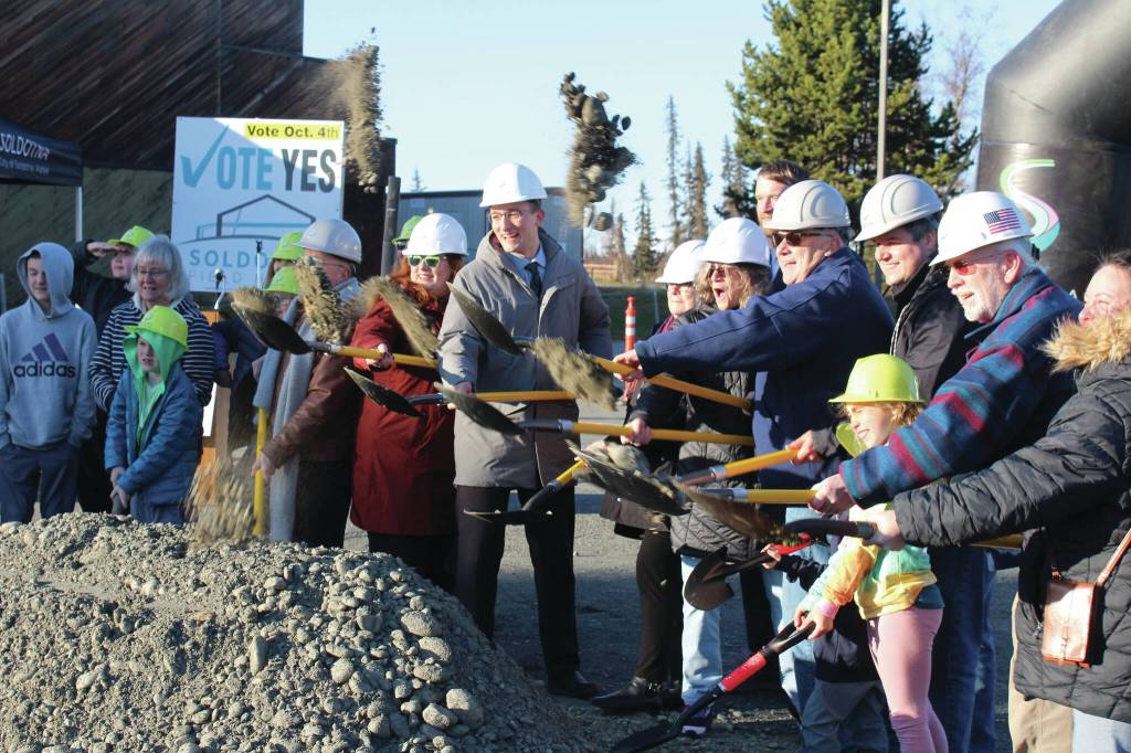 Ashlyn OHara/Peninsula Clarion
Soldotna city council members, staff and residents break ground on the Soldotna Field House project on Friday, Oct. 20, 2023, in Soldotna, Alaska.