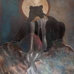 A fishing black bear straddles the rocks above a swiftly flowing stream in this heat-tinted steel engraving, titled Fishing Bear on Rocks, by Jeff Dean. Photo provided by The Dean Gallery