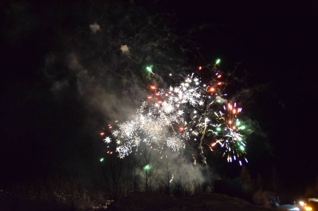 Fireworks light up the night sky during the New Years Eve fireworks show hosted by VFW Post 10221 and Greatland Worship Center on Sunday, Dec. 31, 2023 in Anchor Point, Alaska. (Delcenia Cosman/Homer News)