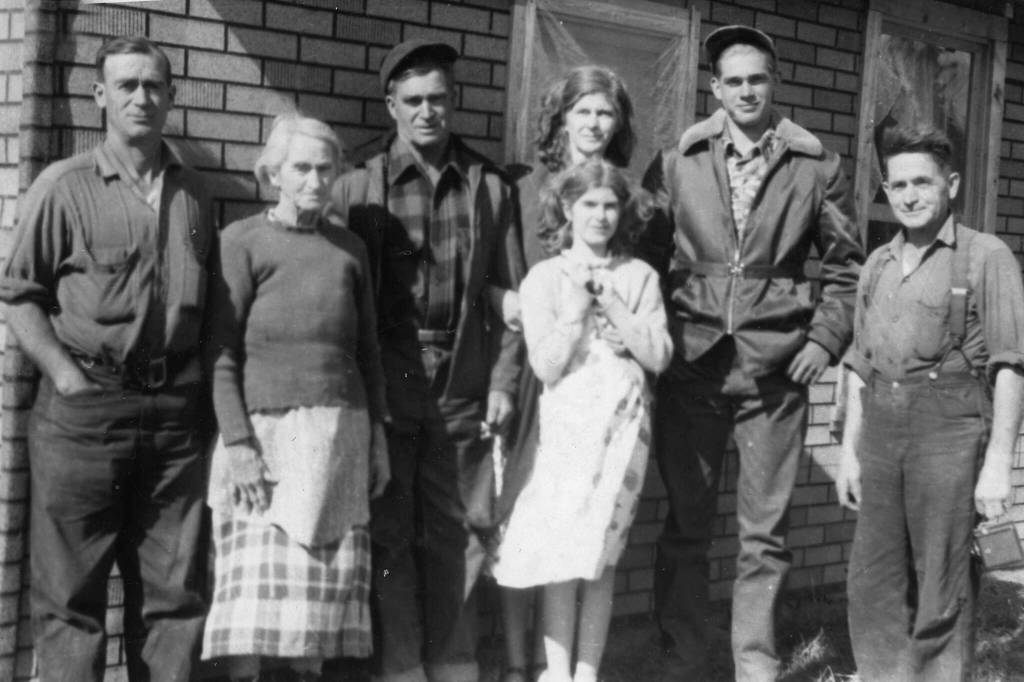 Some of the Keelers assembled with family matriarch Samantha (second from left) in this 1952 photograph taken in Oregon. Others, L-R: George, Lawrence with wife Lorna, daughter April and son Larry, and Floyd, also known as Uncle Shorty. Photo courtesy of the Keeler Family Collection.