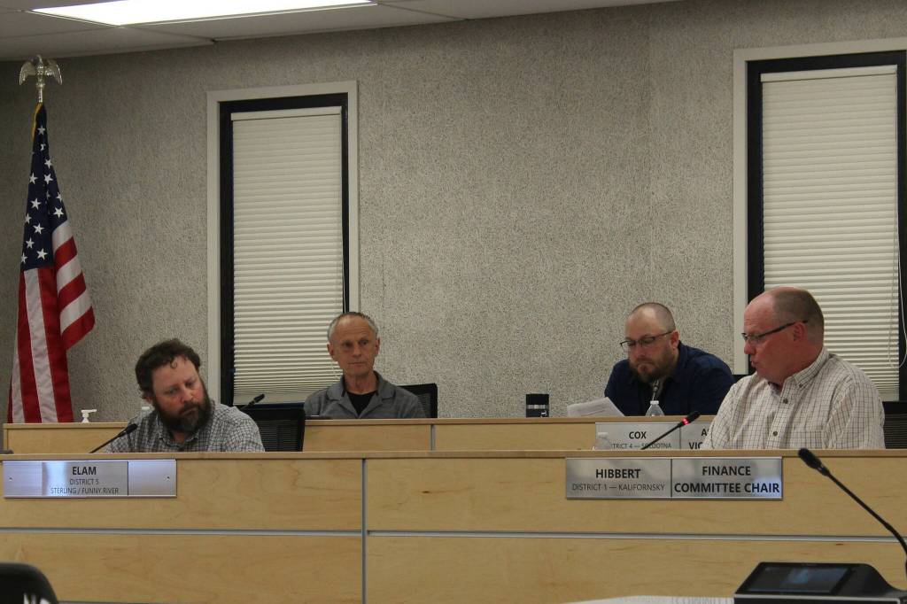From left, Kenai Peninsula Borough Assembly members Bill Elam, Brent Johnson, Tyson Cox and Brent Hibbert attend an assembly meeting on Tuesday, Aug. 1, 2023 in Soldotna, Alaska. (Ashlyn OHara/Peninsula Clarion)