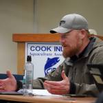 Todd Smith, who sits in a commercial fishing set net seat, discusses proposals during a meeting of the Kenai/Soldotna Fish and Game Advisory Committee at Cook Inlet Aquaculture Association in Kenai, Alaska, on Monday, Jan. 8, 2024. (Jake Dye/Peninsula Clarion)