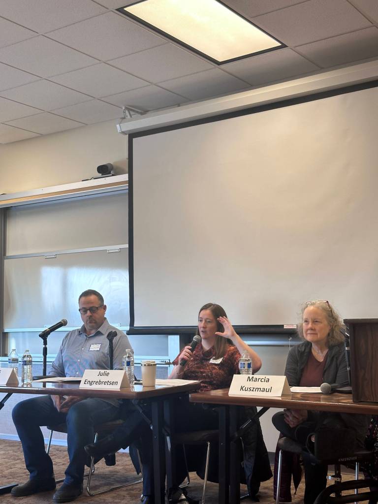 (from left to right) Panelists Chris Story, Julie Engebretsen and Marcia Kuszmaul speak at the short-term rentals panel organized by the Homer Chamber of Commerce on Wednesday, Jan. 17, 2024 at Kachemak Bay Campus in Homer, Alaska. Photo provided by Mina Gherman