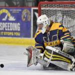 Homers Blaise Banks makes a save against Soldonta on Thursday, Jan. 18, 2024, at the Soldotna Regional Sports Complex in Soldotna, Alaska. (Photo by Jeff Helminiak/Peninsula Clarion)