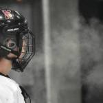 Photo by Jeff Helminiak/Peninsula Clarion
Kenai Centrals Avery Martin exhales into the frigid air Friday at the Kenai Multi-Purpose Facility.