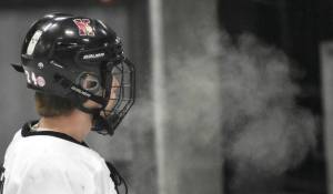 Photo by Jeff Helminiak/Peninsula Clarion
Kenai Centrals Avery Martin exhales into the frigid air Friday at the Kenai Multi-Purpose Facility.