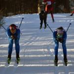Soldotnas Ariana Cannava and Tania Boonstra lead the pack at the Kardinal Klassic on Friday, Jan. 26, 2024, at Tsalteshi Trails just outside of Soldotna, Alaska. (Photo by Jeff Helminiak/Peninsula Clarion)
