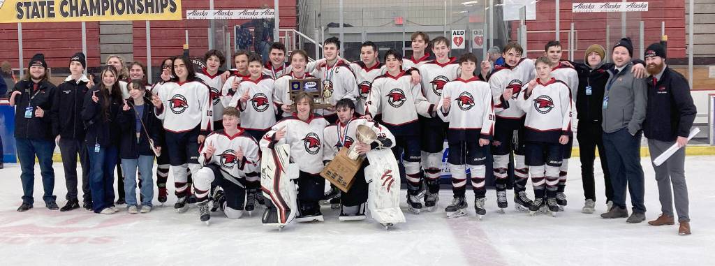 The Houston hockey team won the Division II state hockey tournament Saturday, Feb. 3, 2024, at the Soldotna Regional Sports Complex in Soldotna, Alaska. (Photo by Jeff Helminiak/Peninsula Clarion)
