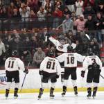 Daniel Matveev celebrates his goal at the Division II state hockey tournament Saturday, Feb. 3, 2024, at the Soldotna Regional Sports Complex in Soldotna, Alaska. (Photo by Jeff Helminiak/Peninsula Clarion)