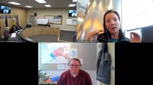The Comprehensive Plan Steering Committee (top left) meets with Agnew::Beck consultants Shelly Wade (top right) and Meg Friedenauer (bottom) over Zoom on Monday, Feb. 5<ins>, 2024 in Homer, Alaska</ins>. Screenshot.