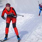 Kenai Centrals Emily Moss leads Soldotnas Kathryn Cox as both move into the finish chute during the Region III Girls 7.5K Classic Race at Tsalteshi Trails near Soldotna, Alaska, on Saturday, Feb. 10, 2024. (Jake Dye/Peninsula Clarion)