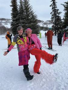 Kris Holderied, event coordinator, and Holly Atkins at the 2024 Ski for Women at Lookout Mountain ski trails on Feb. 11, 2024 in Homer. (Photo provided by Nicole Bray)