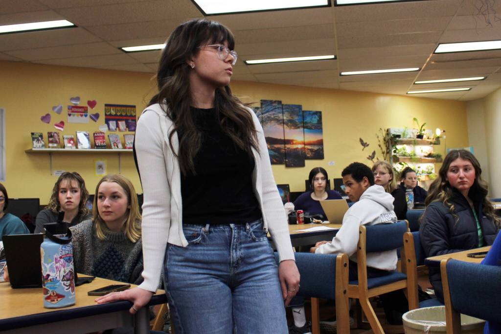 Caitlin Babcock addresses students during Luke Hermans government class at Soldotna High School on Thursday, Feb. 8, 2024 in Soldotna, Alaska. (Ashlyn OHara/Peninsula Clarion)