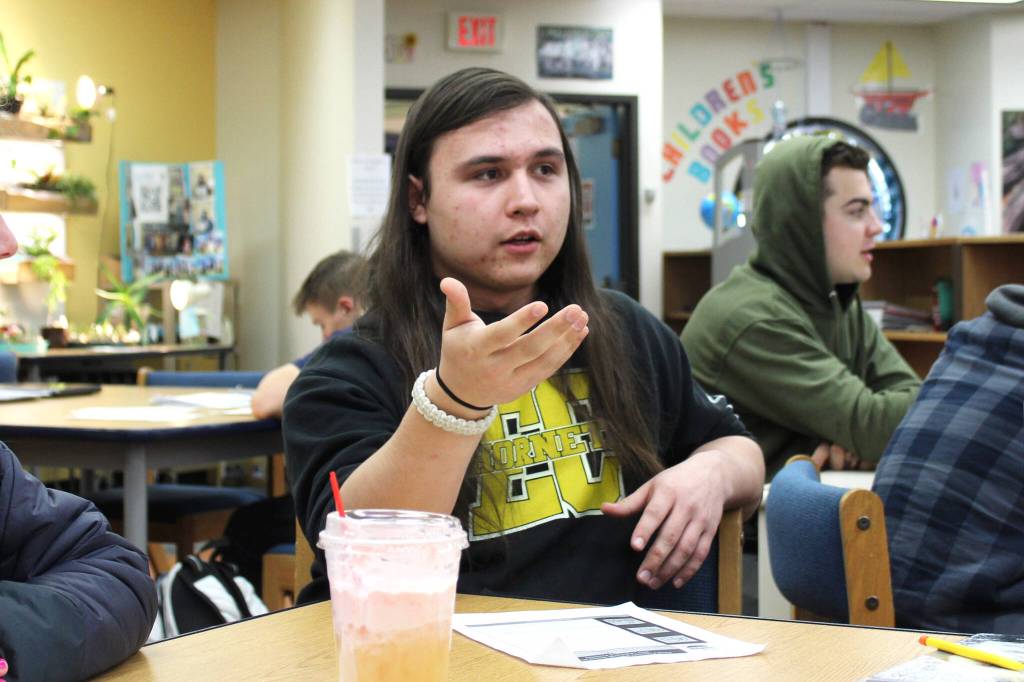 Nick Lopez addresses students during Luke Hermans government class at Soldotna High School on Thursday, Feb. 8, 2024 in Soldotna, Alaska. (Ashlyn OHara/Peninsula Clarion)