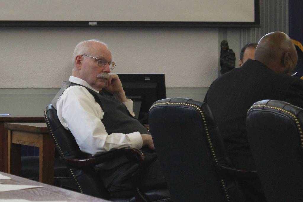 Sen. Bert Stedman, R-Sitka, asks questions about a bill establishing a voluntary buyback program for east side setnet fishery permits during a Senate Finance Committee meeting on Monday, Feb. 19, 2024, in Juneau, Alaska. (Ashlyn OHara/Peninsula Clarion)