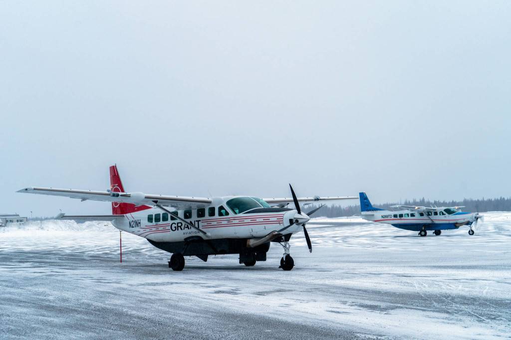 Grant Aviations new Cessna 208B EX Grand Caravan idles on the runway moments after arriving at the Kenai Municipal Airport in Kenai, Alaska, on Monday, March 4, 2024. (Jake Dye/Peninsula Clarion)