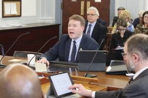 Mark Sabbatini/Juneau Empire
Alaska Department of Transportation and Public Facilities Commissioner Ryan Anderson answers questions from state senators during a Senate Finance Committee hearing on Wednesday in Juneau.