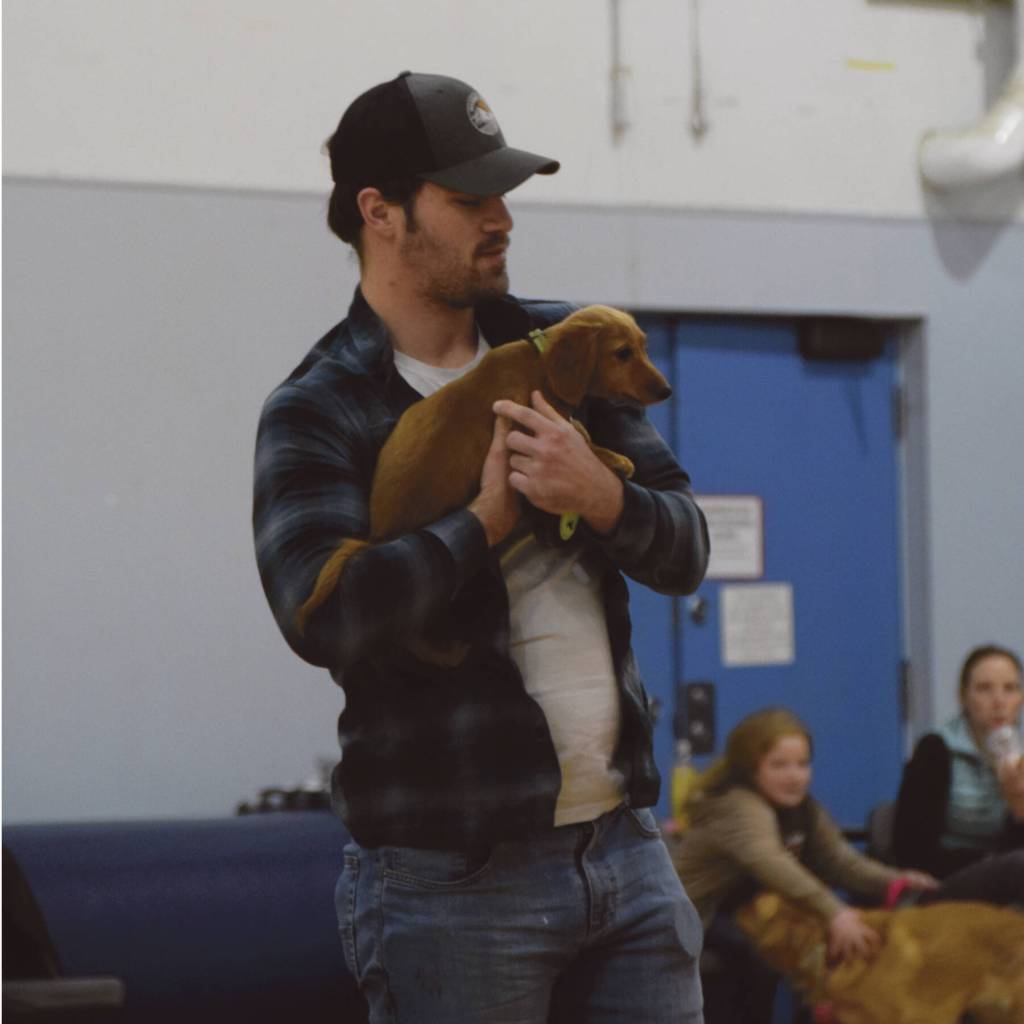 Three-month-old mini dachshund Oscar Mayer is carried by his owner to the judges table at the Snow Rondi Dog Show on Sunday<ins>, March 3, 2024</ins> in the Chapman School gym<ins> in Anchor Point, Alaska</ins>. Oscar Mayer was awarded Smallest Dog and Judges Choice 3rd place. (Delcenia Cosman/Homer News)