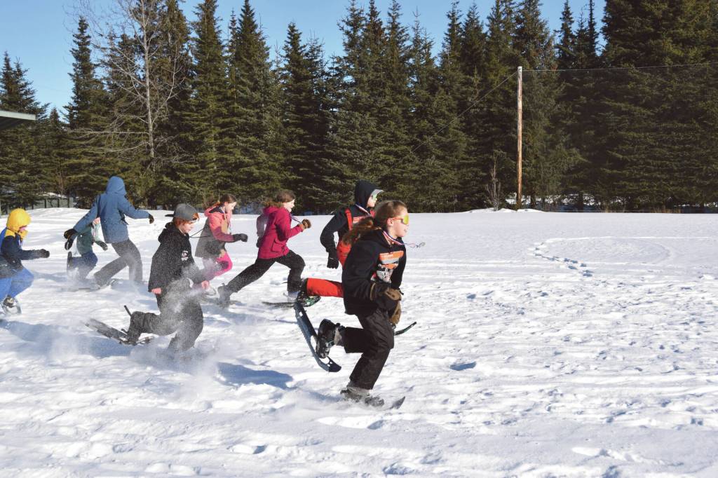 Chapman School students and cheerleaders march in the annual Snow Rondi parade on Saturday, March 2 on Milo Fritz Road<ins> in Anchor Point, Alaska</ins>. (Delcenia Cosman/Homer News)
Delcenia Cosman/Homer News
Rox Shafer (front) leads the pack during the Snow Rondi kids snowshoe races on Saturday<ins>, March 2, 2024</ins> at Fireweed Meadows golf course<ins> in Anchor Point, Alaska</ins>.