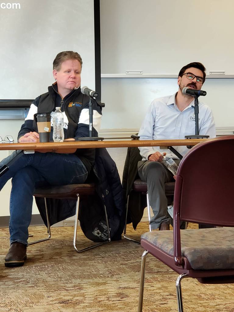 Doyon, Limited senior vice president and chief financial officer Patrick Duke (left) and operations manager Zach Dunlap (right) answer audience questions during the members-only luncheon hosted by the Homer Chamber of Commerce on Wednesday, March 6, 2024 at Kachemak Bay Campus in Homer, Alaska. (Delcenia Cosman/Homer News)