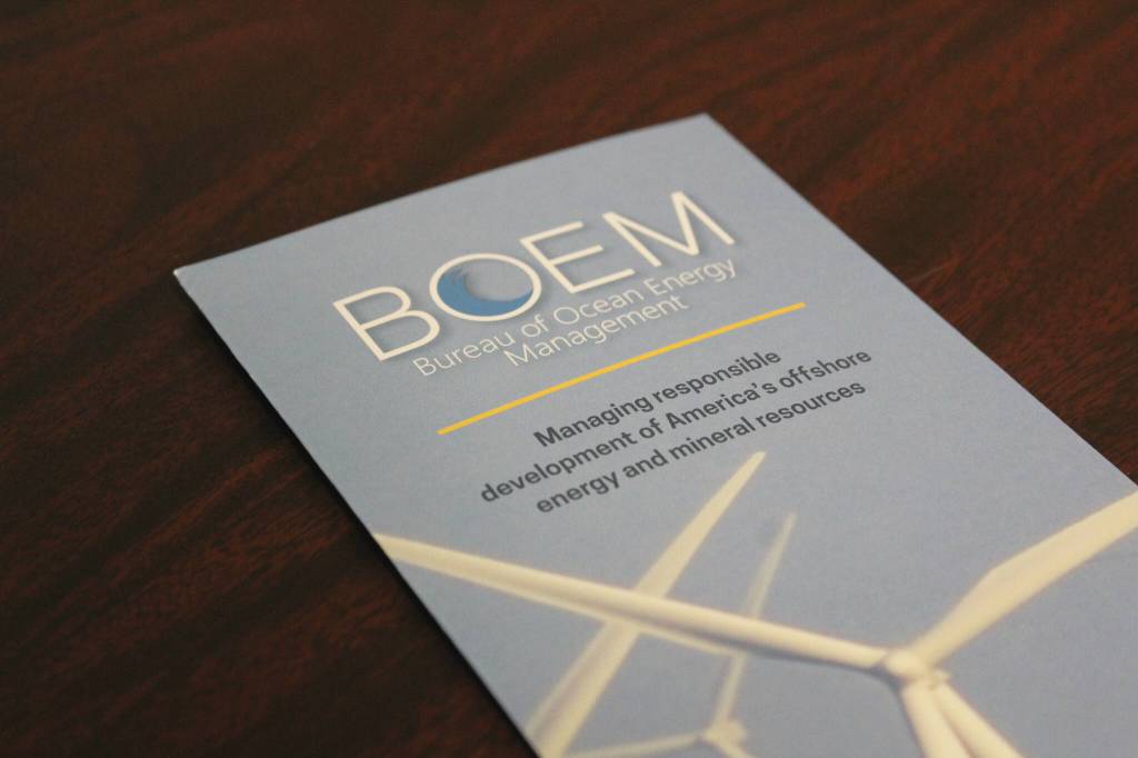 A Bureau of Ocean Energy Management pamphlet rests on a desk in the Alaska State Capitol on Monday, March 11, 2024 in Juneau, Alaska. (Ashlyn O'Hara/Peninsula Clarion)