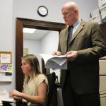 Bud Sexton, chief of staff for Alaska House Rep. Justin Ruffridge, and aide Sabina Braun, left, review amendment language in their office at the Alaska State Capitol building on Wednesday, March 6, 2024 in Juneau, Alaska. (Ashlyn OHara/Peninsula Clarion)
