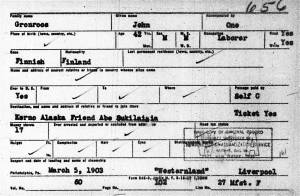 This card, along with a passenger manifest, marked the journey of John Grönroos and his eldest son from their old home in Finland to their new home in the United States. They arrived on the S.S. Westernland in the Port of Philadelphia on March 5, 1903, with a final destination of the Kenai Peninsula. The other three members of the family arrived the following year, via New York City. Card courtesy of ancestry.com.