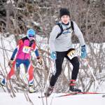 Homers Jai Badajos leads Girdwoods Poonan Klobuczek up a hill at the Kachemak Ski Marathon just outside of Homer, Alaska, on Saturday, March 16, 2024. (Photo by Erin Thompson/Peninsula Clarion)