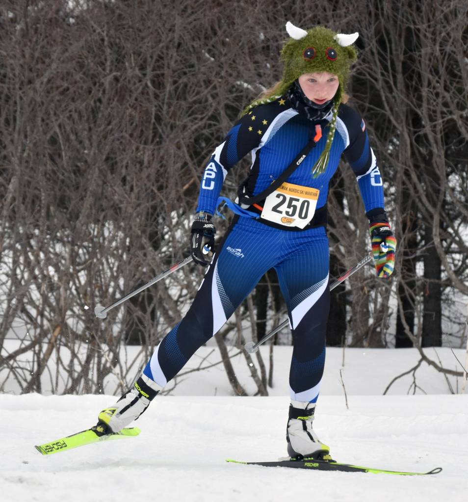 Anchorages Anna Engel skis to victory in the 42-kilometer womens race at the Kachemak Ski Marathon just outside of Homer, Alaska, on Saturday, March 16, 2024. (Photo by Erin Thompson/Peninsula Clarion)