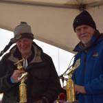 Arthur York, 84 (left), was the ninth-place winner at the 30th annual Homer Winter King Salmon Tournament on Saturday, March 23, 2024 at the Deep Water Dock on the Spit in Homer, Alaska. (Delcenia Cosman/Homer News)