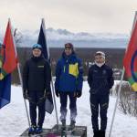 Tania Boonstra, center, stands at the top of the podium for the 5 km Interval Start Classic 2006-2007 Female at the Arctic Winter Games. (Photo provided by Todd Boonstra)