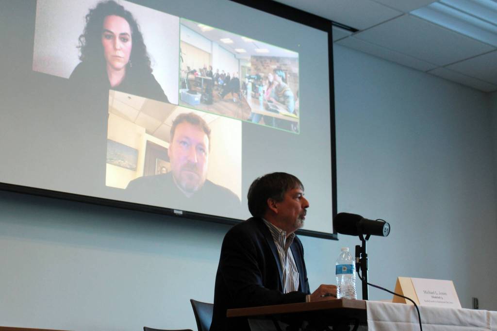 Michael Jones, Louie Flora and Crystal Schwartz participate in a candidate forum for the Homer Electric Association Board of Directors hosted by KDLL 91.9 FM, KBBI AM 890 and the Peninsula Clarion at the Soldotna Public Library in Soldotna, Alaska, on Monday, March 18, 2024. (Jake Dye/Peninsula Clarion)