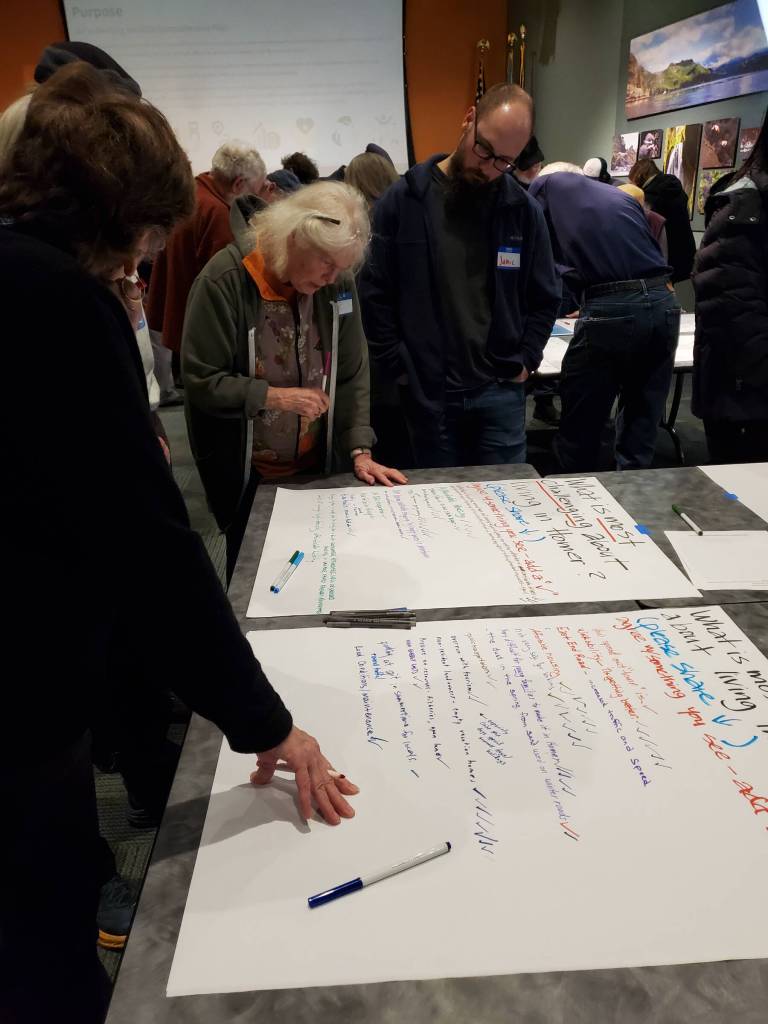 Attendees of the Comprehensive Plan Open House share feedback about values and challenges of living in Homer on Thursday, March 28, 2024 at the Alaska Maritime National Wildlife Refuge Visitor Center auditorium in Homer, Alaska. (Delcenia Cosman/Homer News)