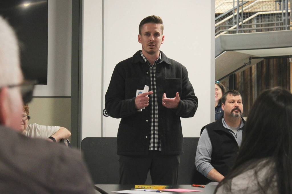 Kyle McFall addresses attendees at a meeting to gauge interest in a Denaina-focused charter school hosted by the Kenaitze Indian Tribe on Thursday, March 28, 2024, in Kenai, Alaska. (Ashlyn OHara/Peninsula Clarion)