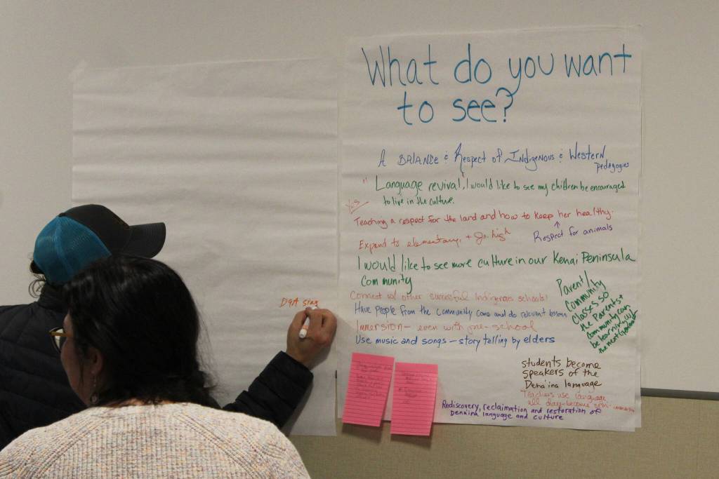 Attendees share their thoughts about a Denaina-focused charter school at a meeting hosted by the Kenaitze Indian Tribe on Thursday, March 28, 2024, in Kenai, Alaska. (Ashlyn OHara/Peninsula Clarion)