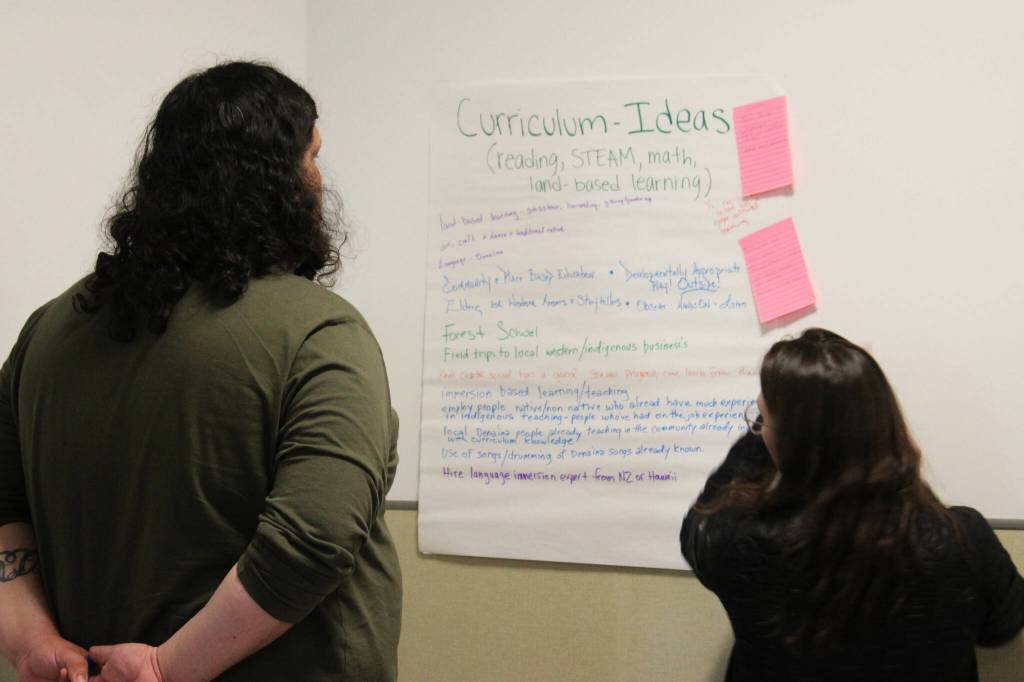 Attendees share their thoughts about a Denaina-focused charter school at a meeting hosted by the Kenaitze Indian Tribe on Thursday, March 28, 2024, in Kenai, Alaska. (Ashlyn OHara/Peninsula Clarion)
