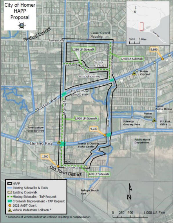 The route for the proposed Homer All-Ages and Abilities Pedestrian Pathway is outlined in this map by the City of Homer. Photo courtesy of the City of Homer