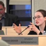 Student Representative Maggie Grenier speaks during a meeting of the Kenai Peninsula Borough School District School Board in Soldotna, Alaska, on Monday, April 1, 2024. (Jake Dye/Peninsula Clarion)