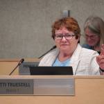 School Board Member Patti Truesdell speaks during a meeting of the Kenai Peninsula Borough School District School Board in Soldotna, Alaska, on Monday, April 1, 2024. (Jake Dye/Peninsula Clarion)